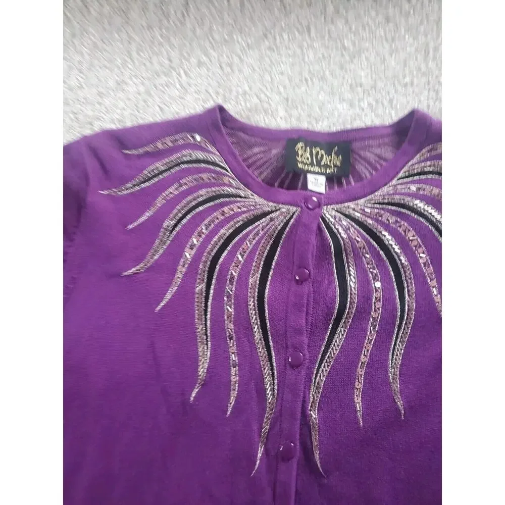 Bob Mackie Wearable Art XL Purple Sequined 3/4 Sleeve Buttons Cardigan Sweater